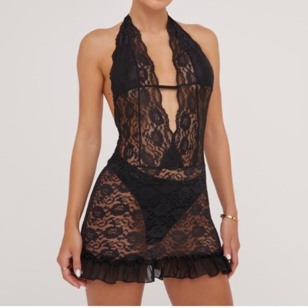 EGO Black Lace Halter‎ Mini Dress Lingerie Ruffle Trim Sexy US 6